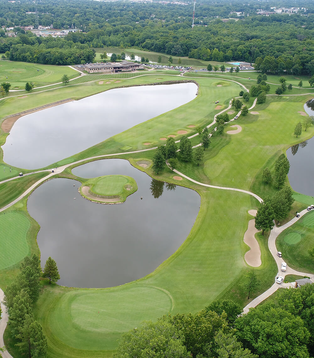 golf course aerial view showing water bodies